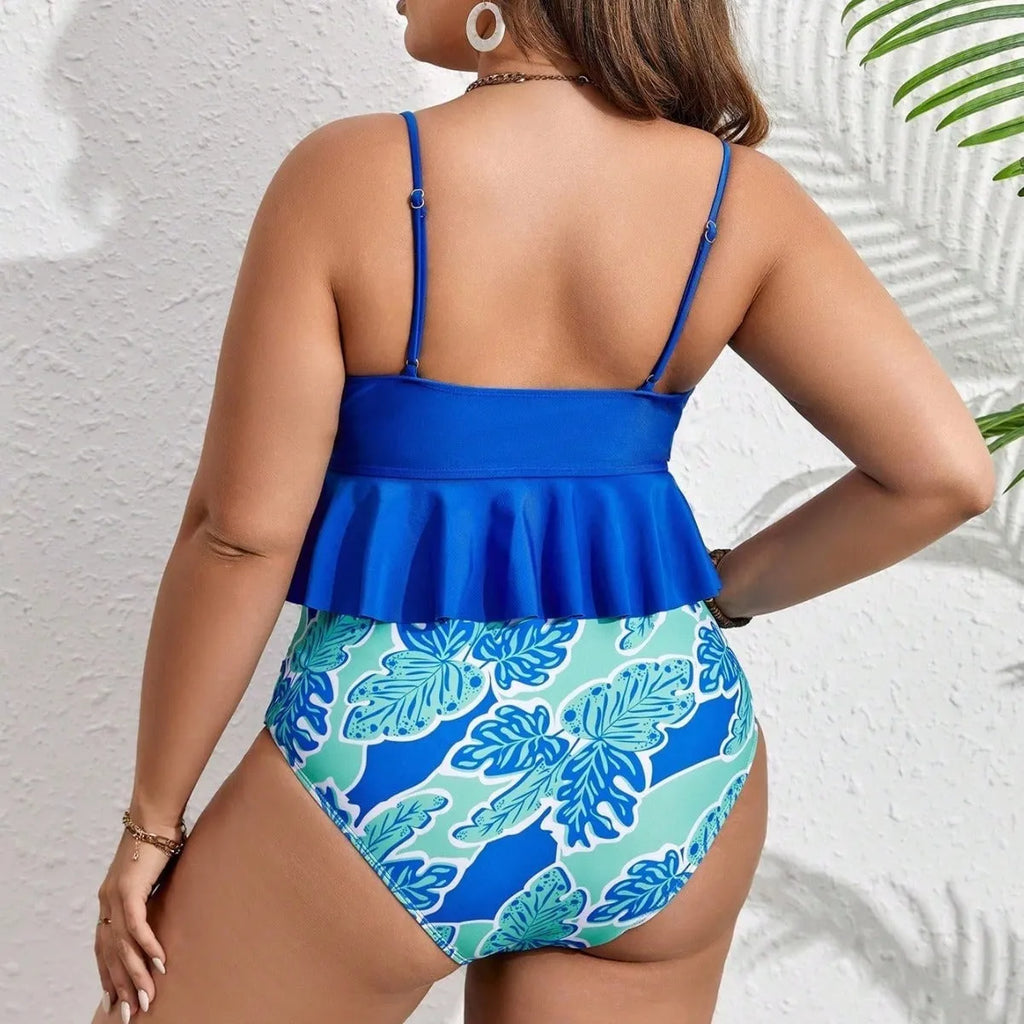 Blue plus size women's bikini set with split briefs style and matching top