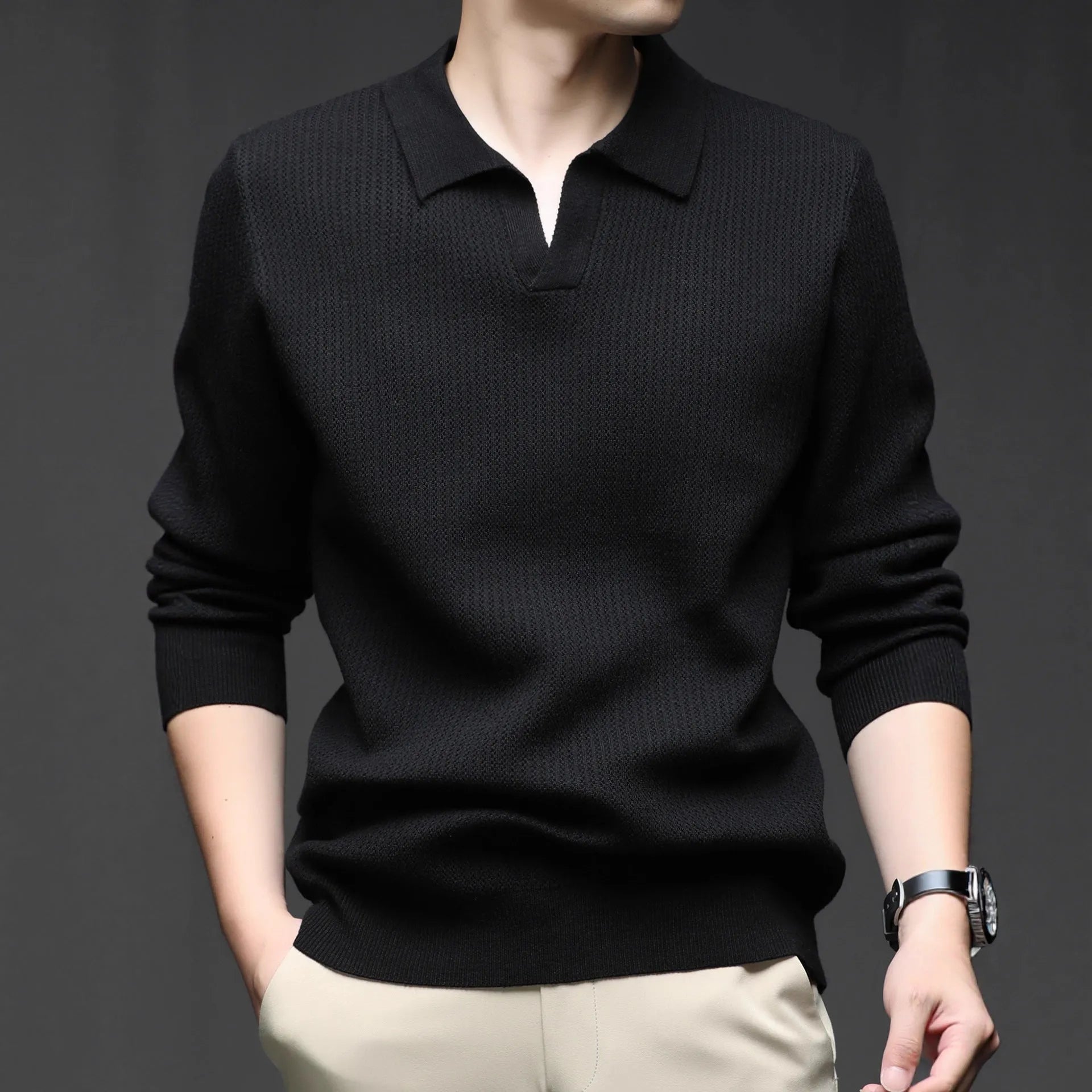 Men's loose-fitting casual pullover sweater in a polyester viscose nylon blend, shown in green.