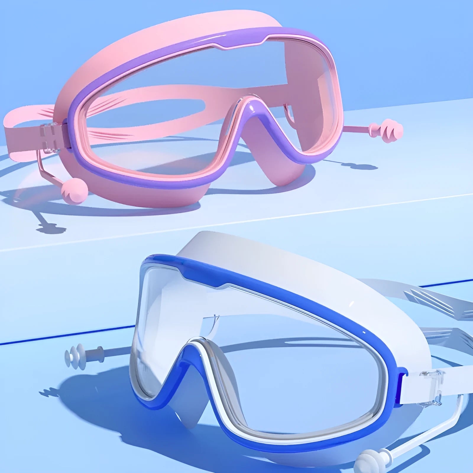 Children's swimming goggles in bright pink with large frame and clear non-fogging lenses