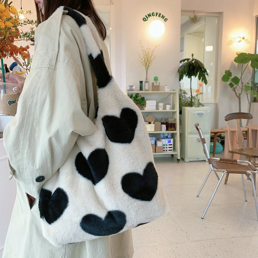 Love heart double side plush shoulder bag in beige with soft handle and double straps