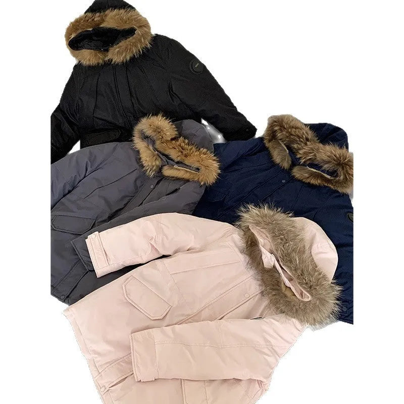 Mid-length hooded loose thickened cotton-padded coat with fur collar in black for women