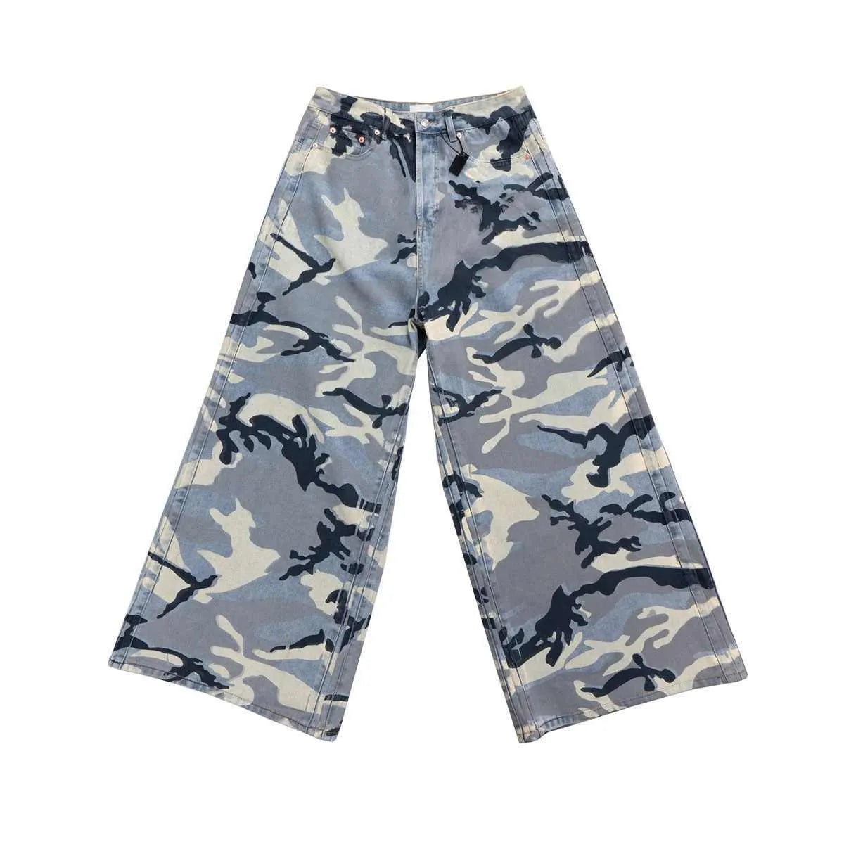 Snow camouflage blue loose fit jeans with mid waist on a hanger