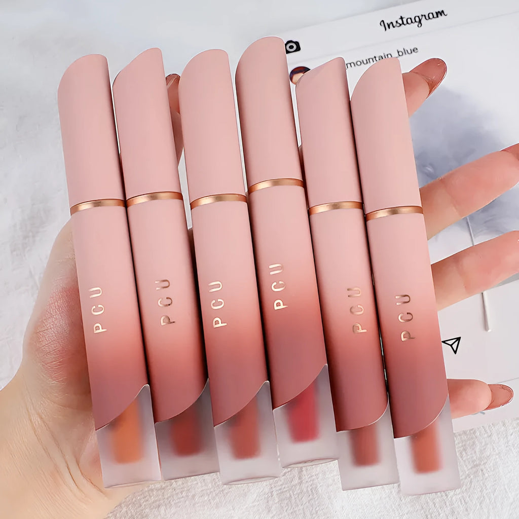 Lip and cheek blush matte non-stick velvet lip glaze in six shades including White Peach Cheese and Ebony Rose