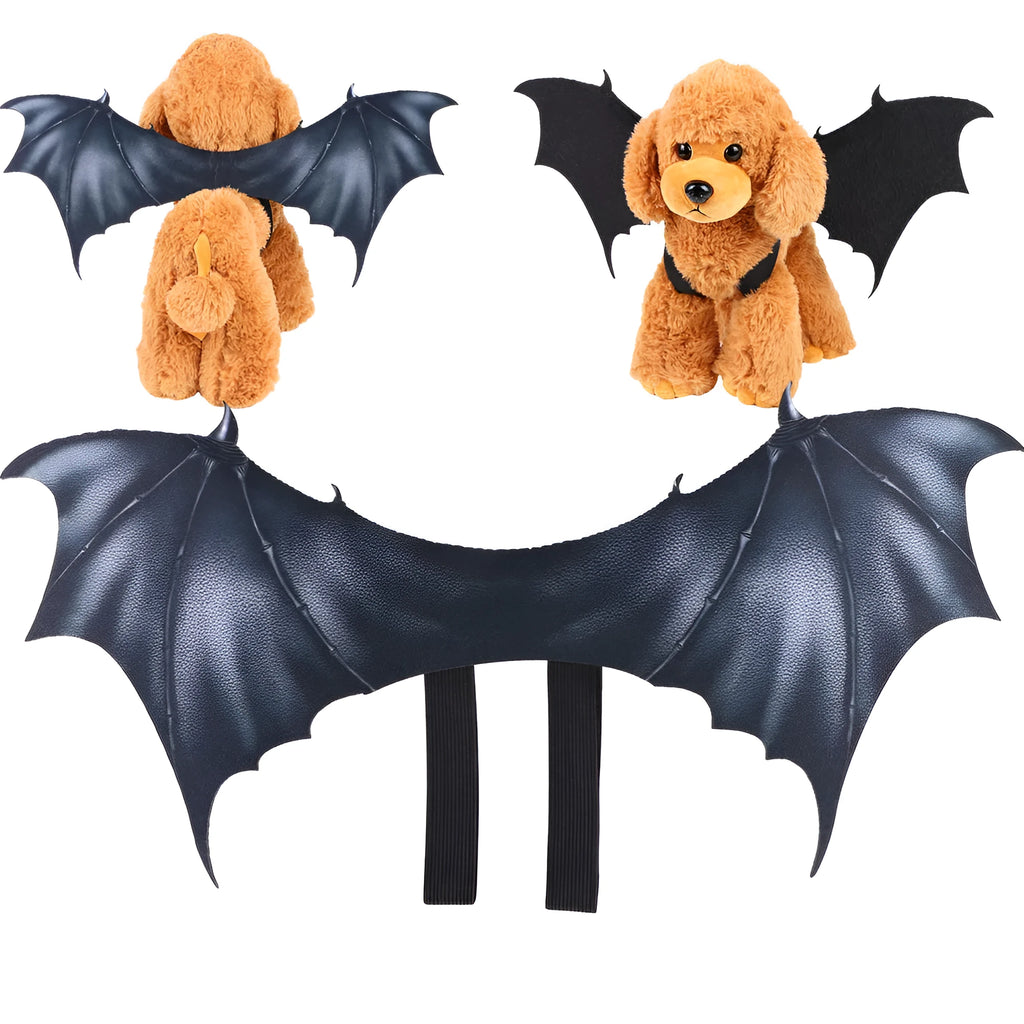 Black cloth bat wings Halloween costume accessory for a dog or cat, showing three size options.