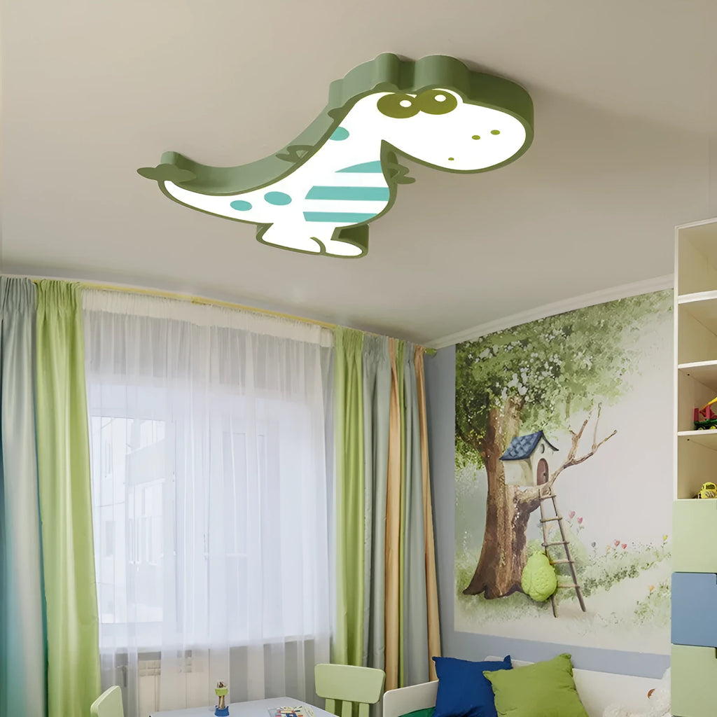 Cartoon dinosaur ceiling light with aluminium body and PVC shade measuring 48cm diameter