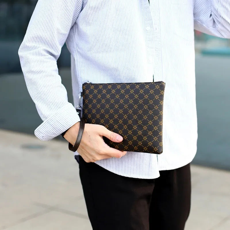 Men's soft PU leather gingham check envelope clutch bag with stitched sewing lines and handle