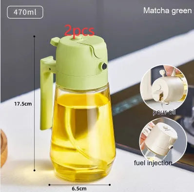 Glass olive oil sprayer dispenser with 470ml capacity and dual spray/pour function