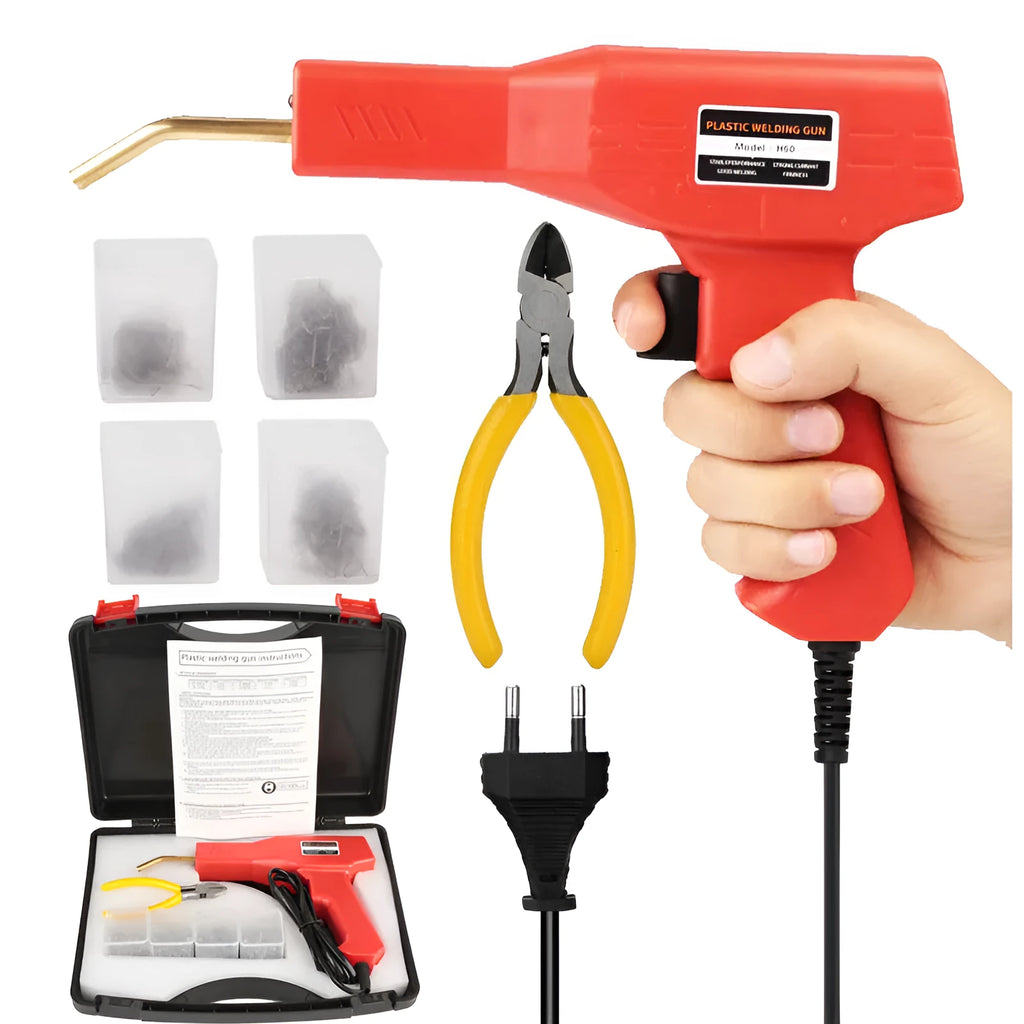 Red plastic welding gun with pure copper transformer in black plastic box with nails and pliers knife