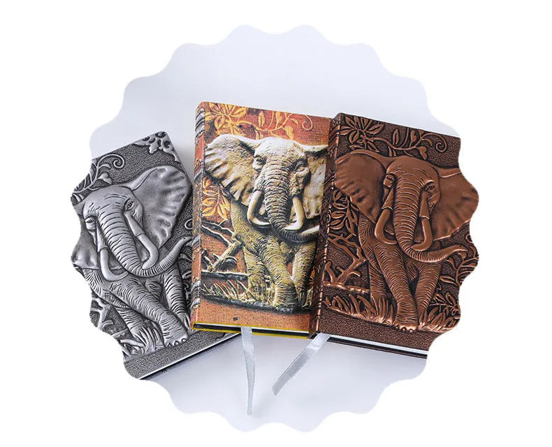 Embossed retro hardcover notebook with PU leather cover, bronze relief highlights, 13.5x20.5cm beige paper, 180-degree spreadable binding