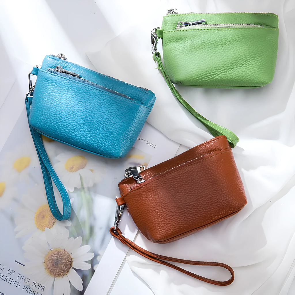 Women's small genuine leather wallet in solid colour with sewing thread detail, retro style, eight colour options available