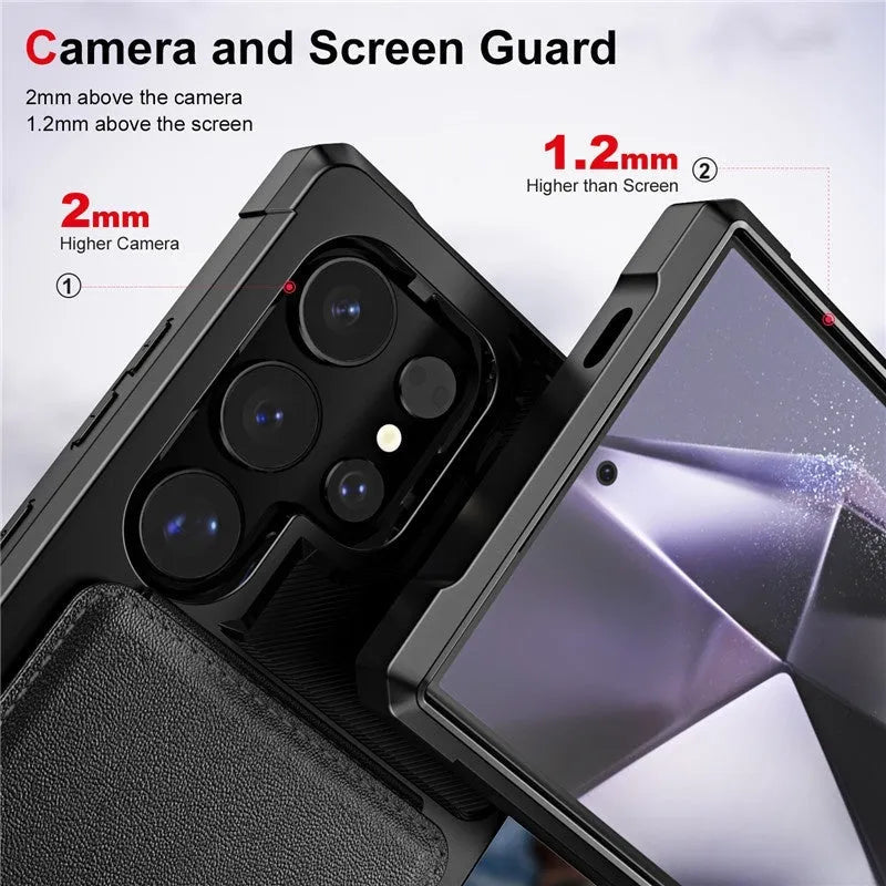 Black Samsung phone case with card slot and kickstand, made of PU and TPU, full cover drop-resistant.