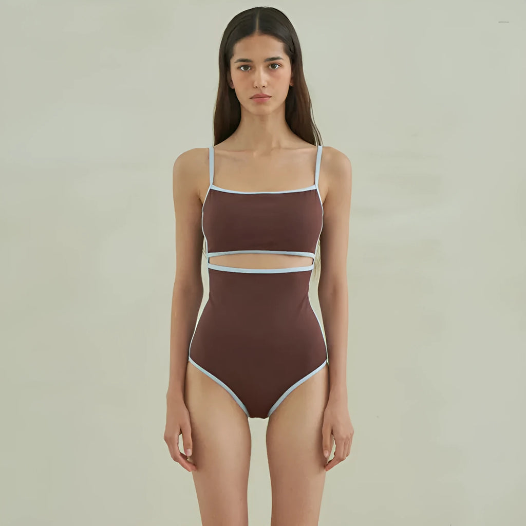 Brown triangle style one-piece swimsuit for women with sexy pattern