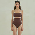 Brown triangle style one-piece swimsuit for women with sexy pattern