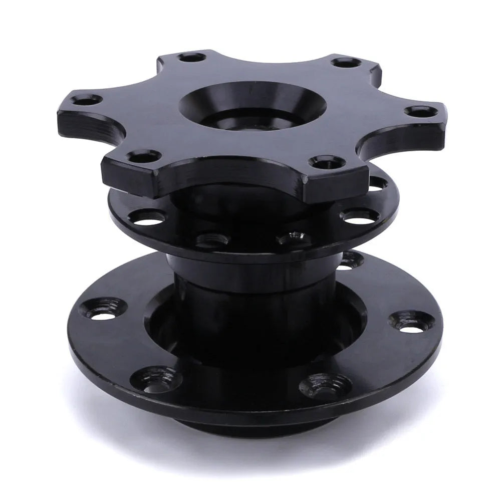 Car steering wheel quick release adapter device in black, red, blue, silver, and gold colour options.