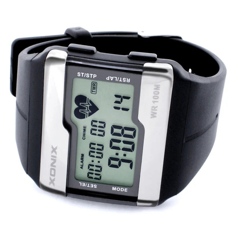Men's waterproof electronic watch with luminous heart rate display, square digital face, resin strap, in Black