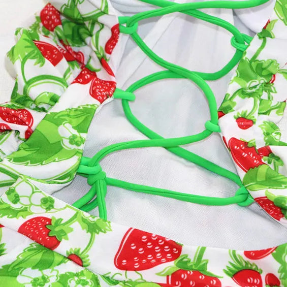 Women's backless one-piece swimsuit with strawberry print, cross straps and push-up cups