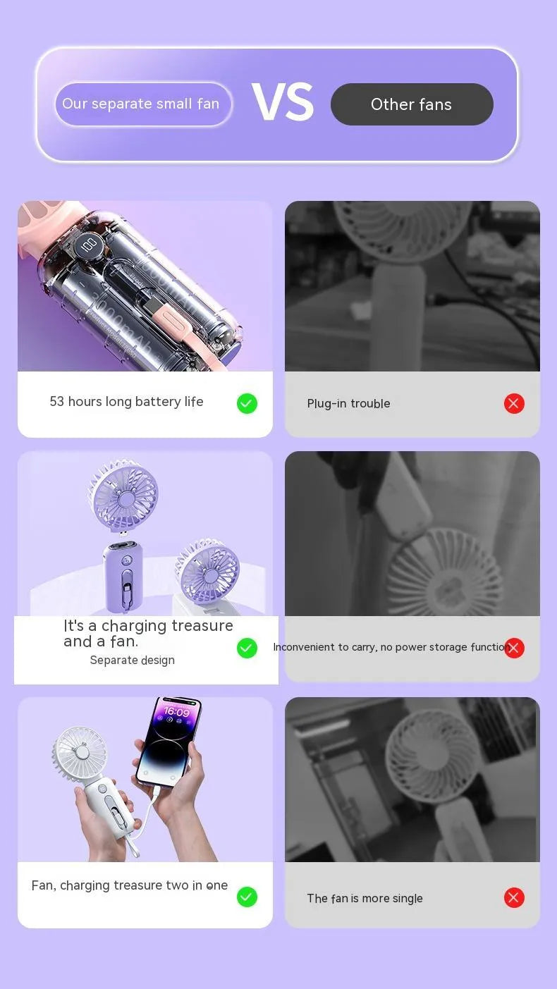 2-in-1 handheld fan with power bank, purple, 88mm brushless blades, compact USB rechargeable portable fan