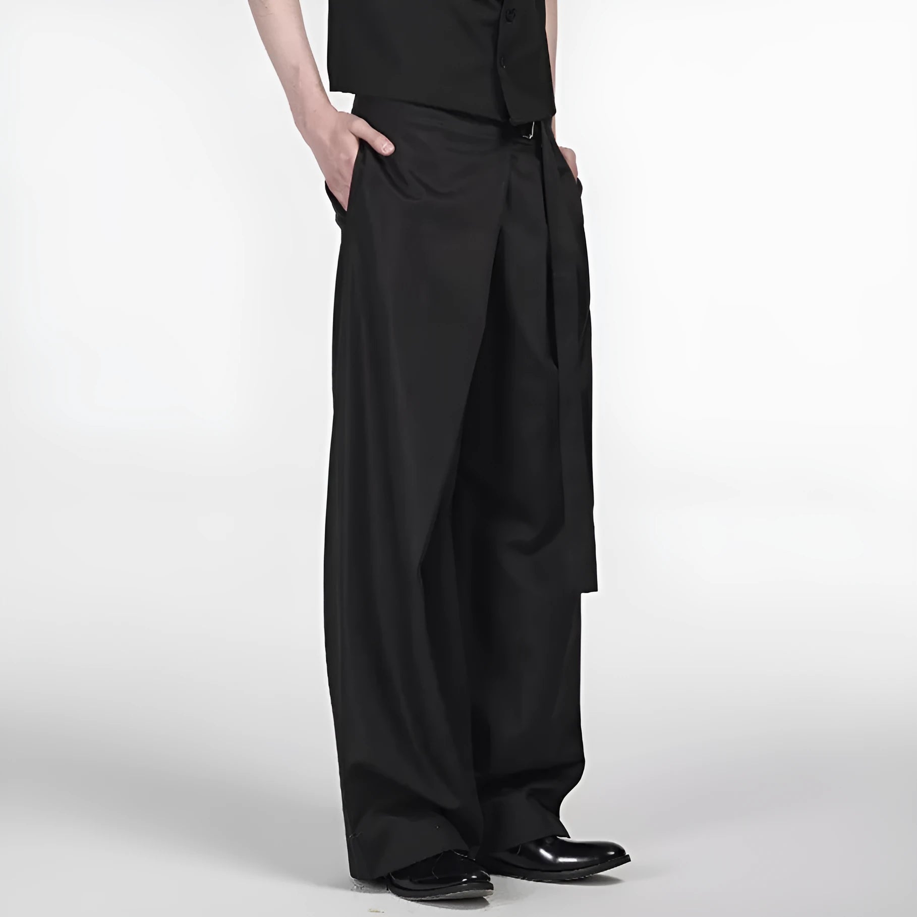 Black women's straight-leg trousers with a single pleat and adjustable waistband on a hanger.