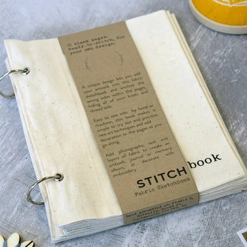 Blank fabric painting sketchbook with linen stitch cover in creamy white, square shape, 17.6cm x 12.5cm