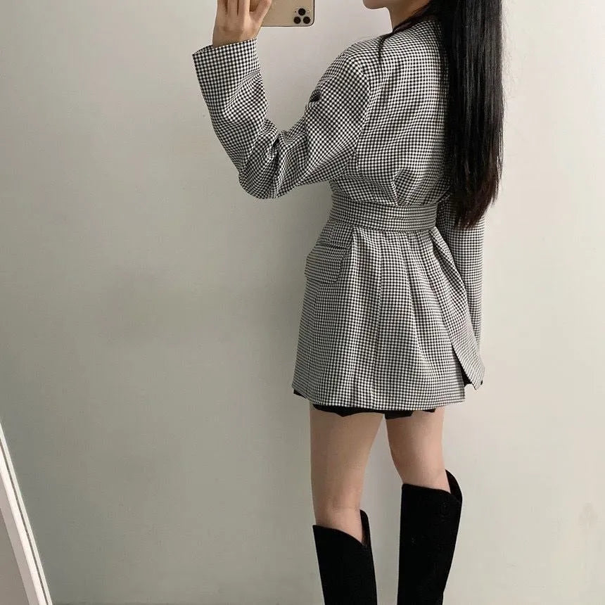Women's houndstooth slim tied suit with long sleeves, average size, two-piece coat and trousers set