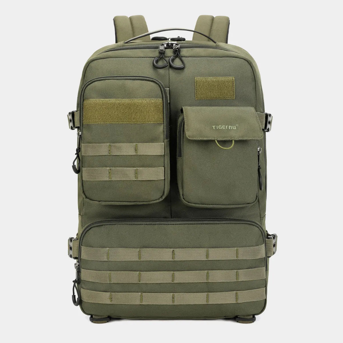 Army green tactical backpack with waterproof nylon construction showing 17-inch size and organisational compartments