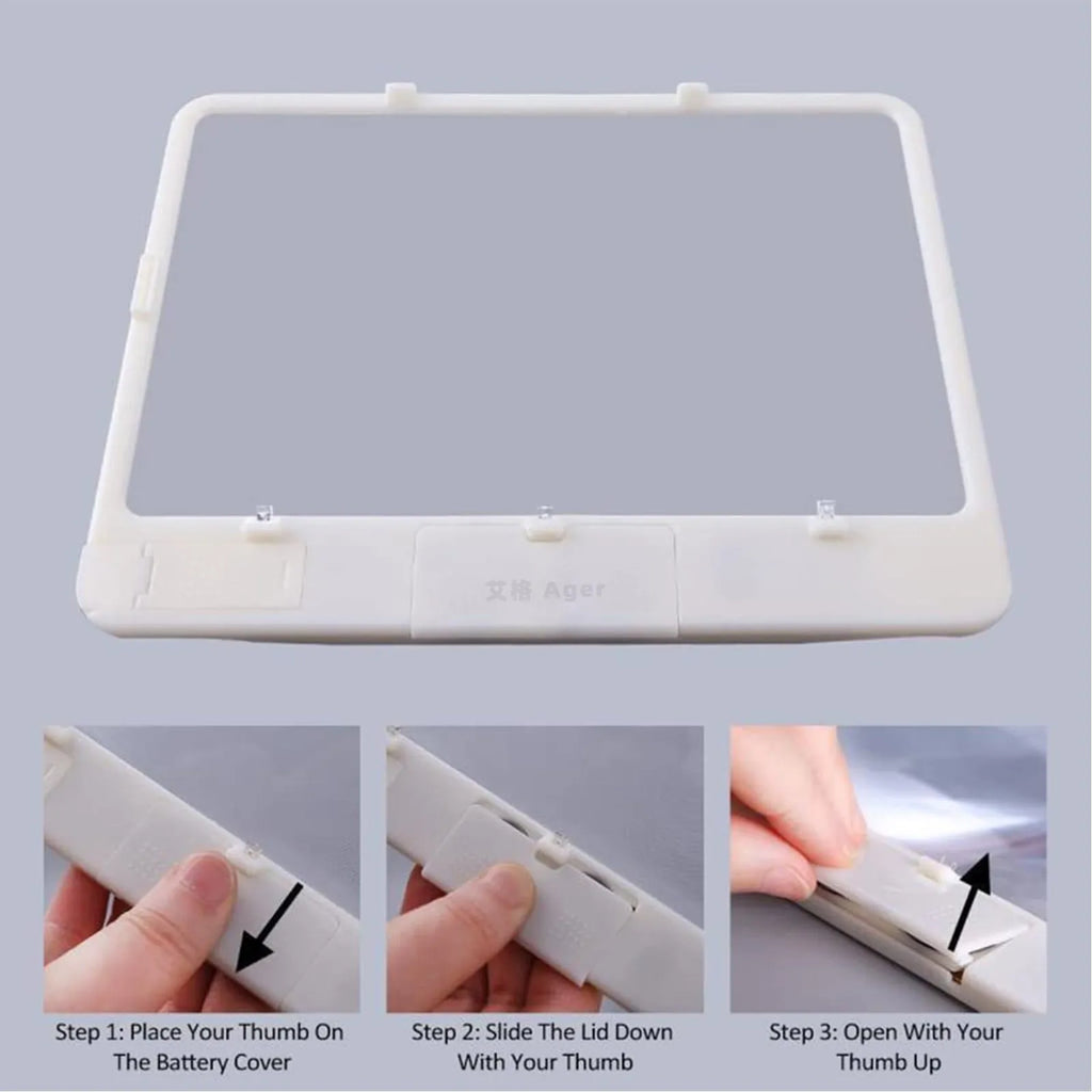 Black or white magnifying glass with integrated LED reading lamp, showing 180x140mm size and 3x magnification lens.