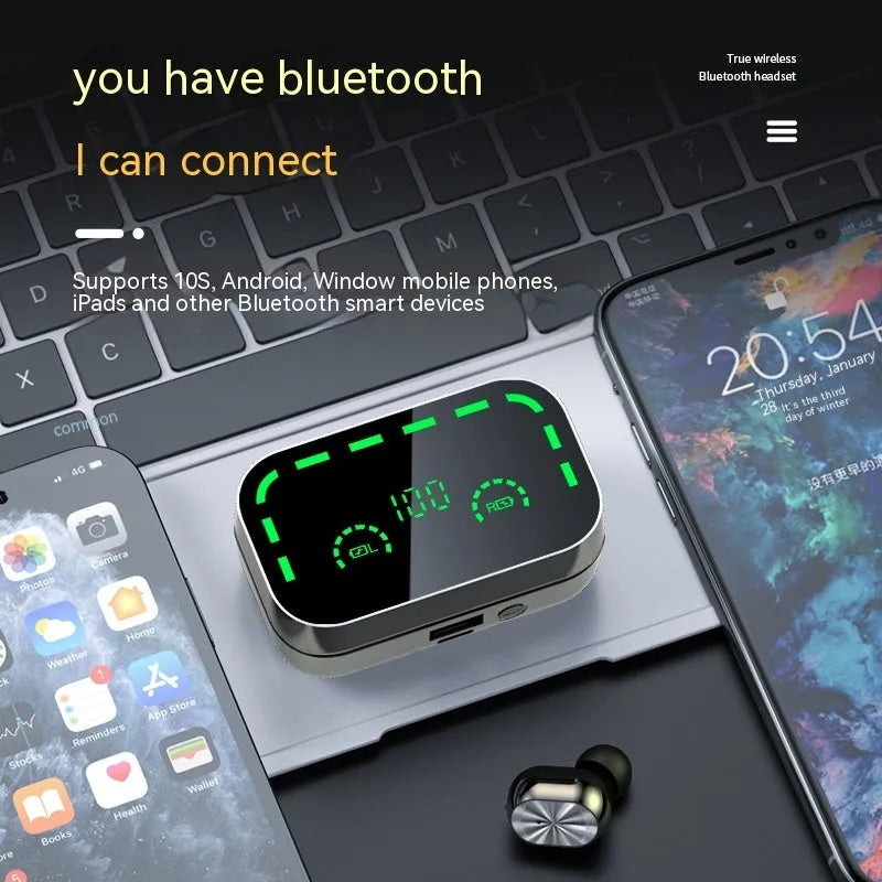 YD05 TWS Bluetooth headset mirror large screen digital display sports earbuds in black with charging compartment