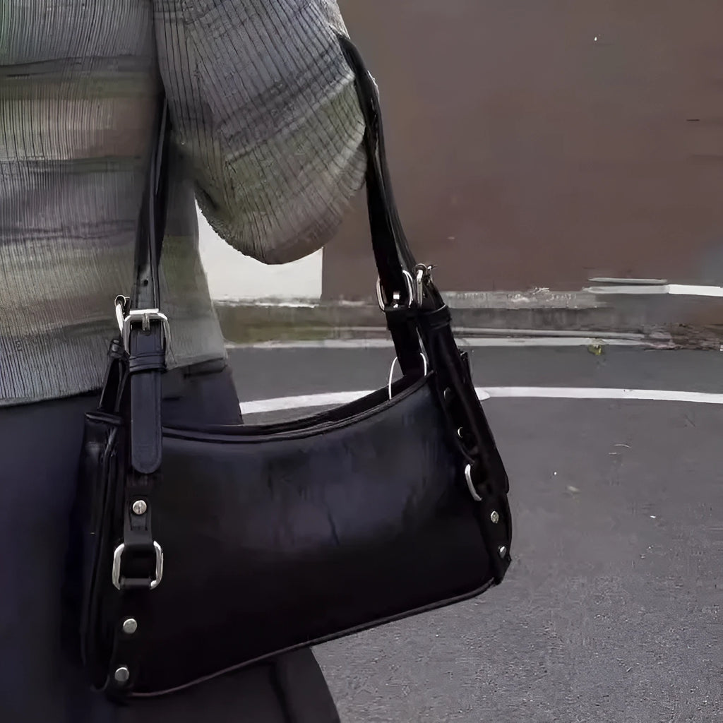 Hot Girl Locomotive style black PU all-matching shoulder bag with three-dimensional pocket, horizontal square shape