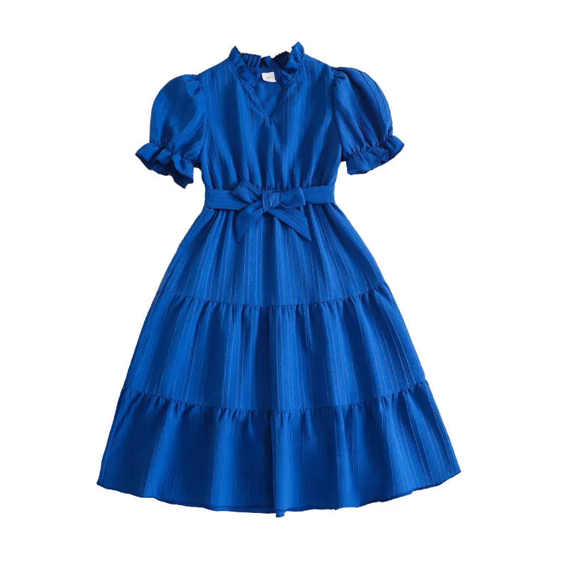 Girls' blue V-neck puff sleeve lace-up dress with A-line skirt and cotton blend fabric, summer style.