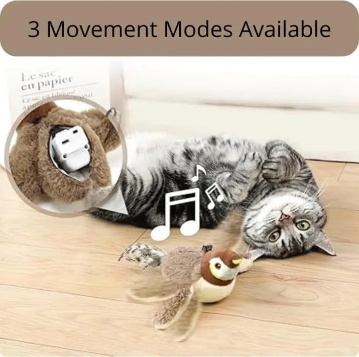Interactive flapping chirping bird cat toy with feather tail for indoor bored cats