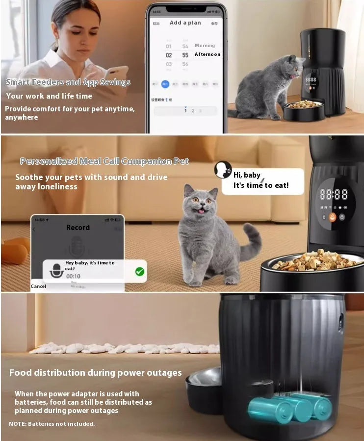 Black automatic pet feeder with digital LCD screen and large food container.