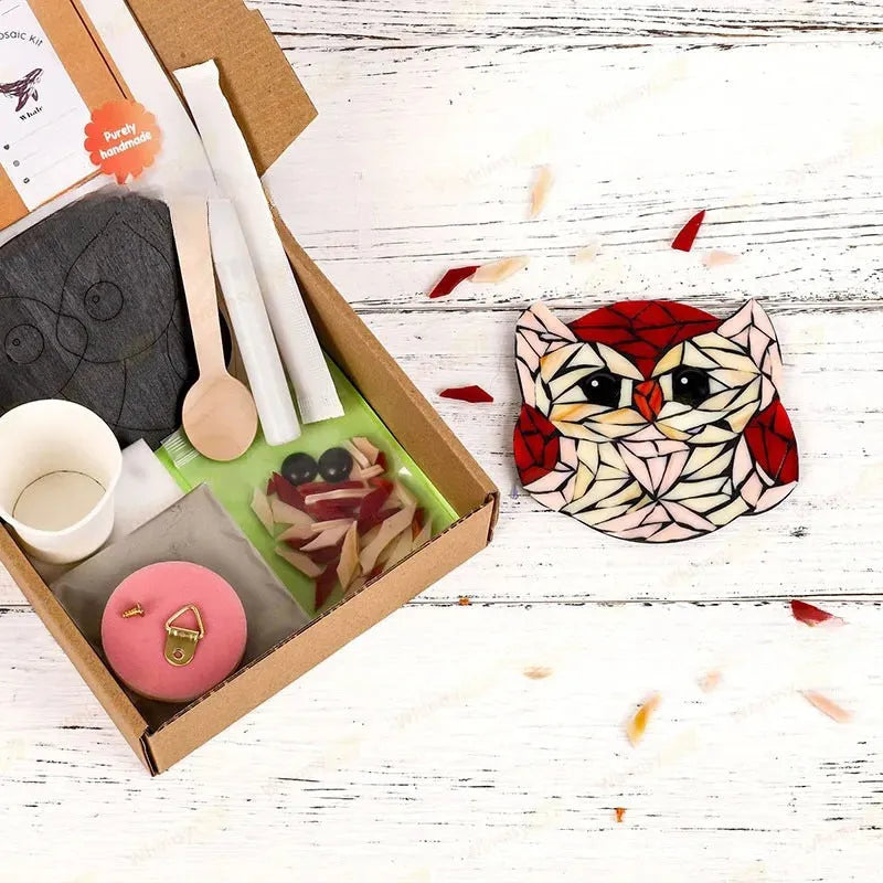 Owl glass mosaic ornament with multicolored hand-cut tiles