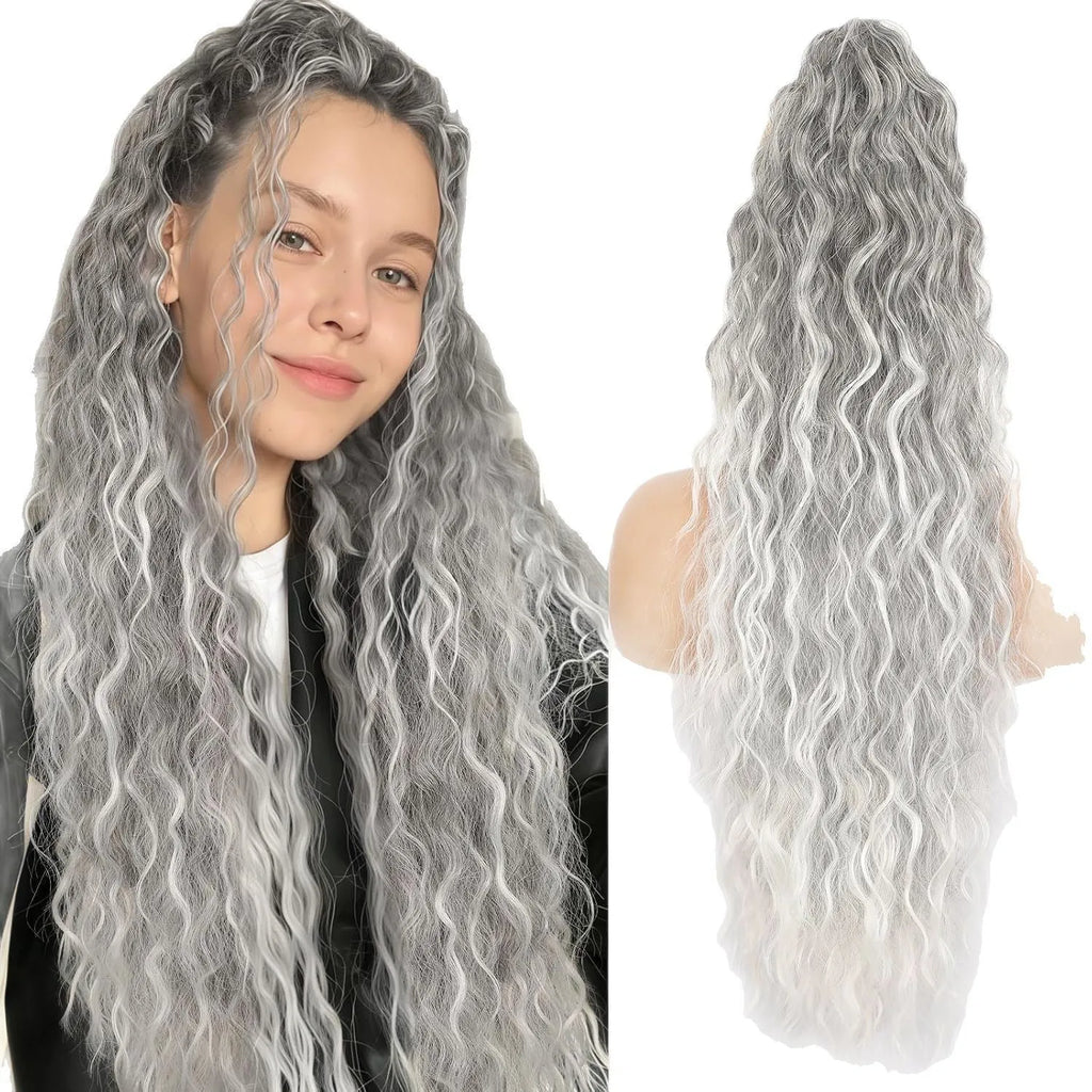 Long curly synthetic ponytail wig in various colours, showing 30-inch length and fluffy texture.