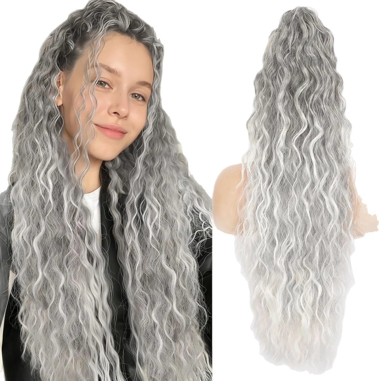 Long curly synthetic ponytail wig in various colours, showing 30-inch length and fluffy texture.