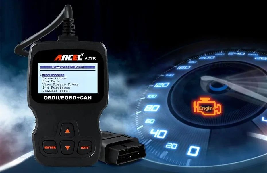 Black universal OBD2 automobile fault detector with engine scanning capability
