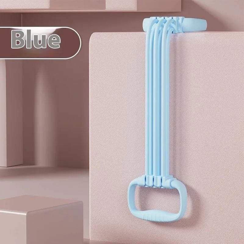 Adjustable chest expander pulling rope in blue, pink, or purple colours with six resistance levels