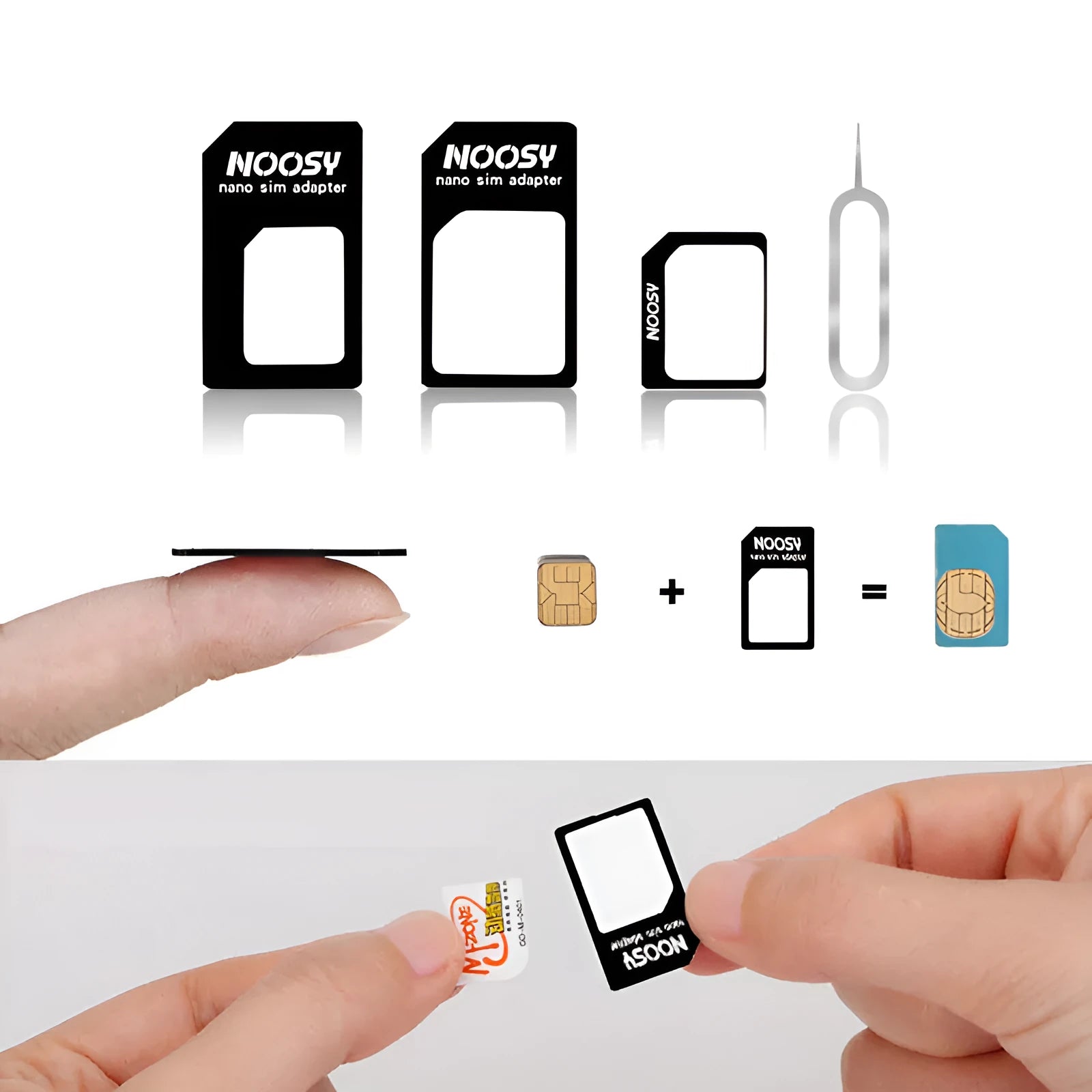 Four-in-one SIM restore kit showing three plastic SIM adapters and a metal pickup pin
