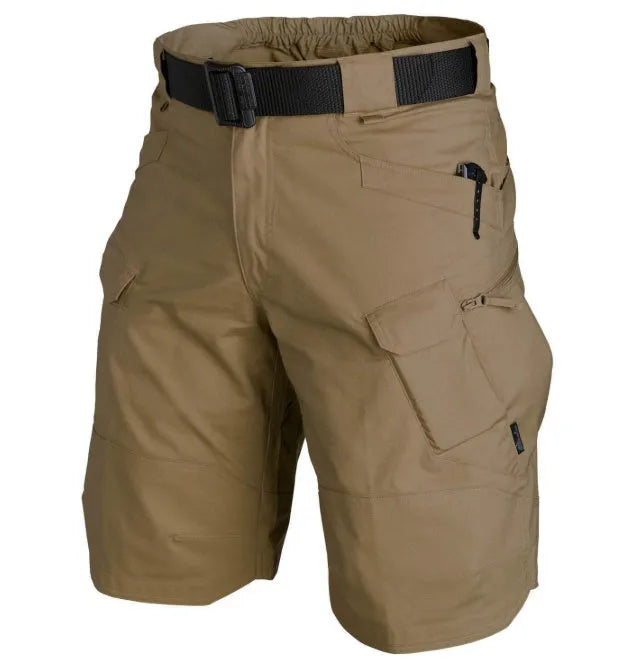 IX7 men's tactical shorts in cotton blend fabric, shown in a camouflage colour with button-fly closure.
