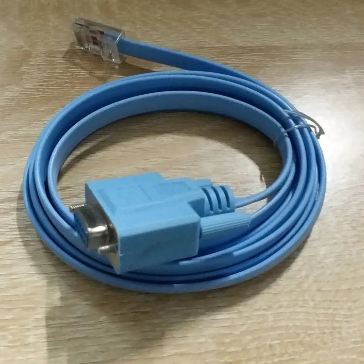 Sky blue 1.5m RJ45 to RS232 serial console cable with copper 28AWG 8C flat wire and 9-pin female connector