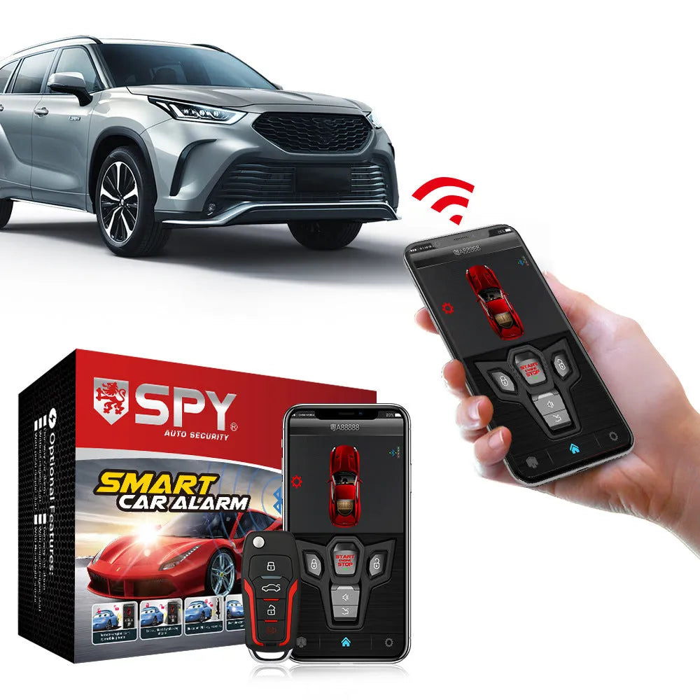 Red and frosted black one-way remote control car alarm unit with two remotes for vehicle security.