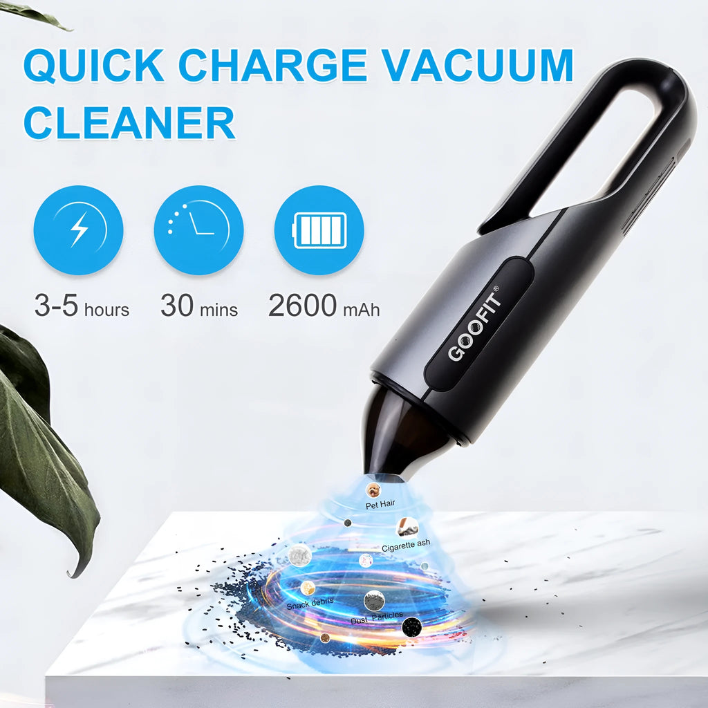 Black portable wireless handheld car vacuum cleaner with brush and flat attachments for vehicle interiors
