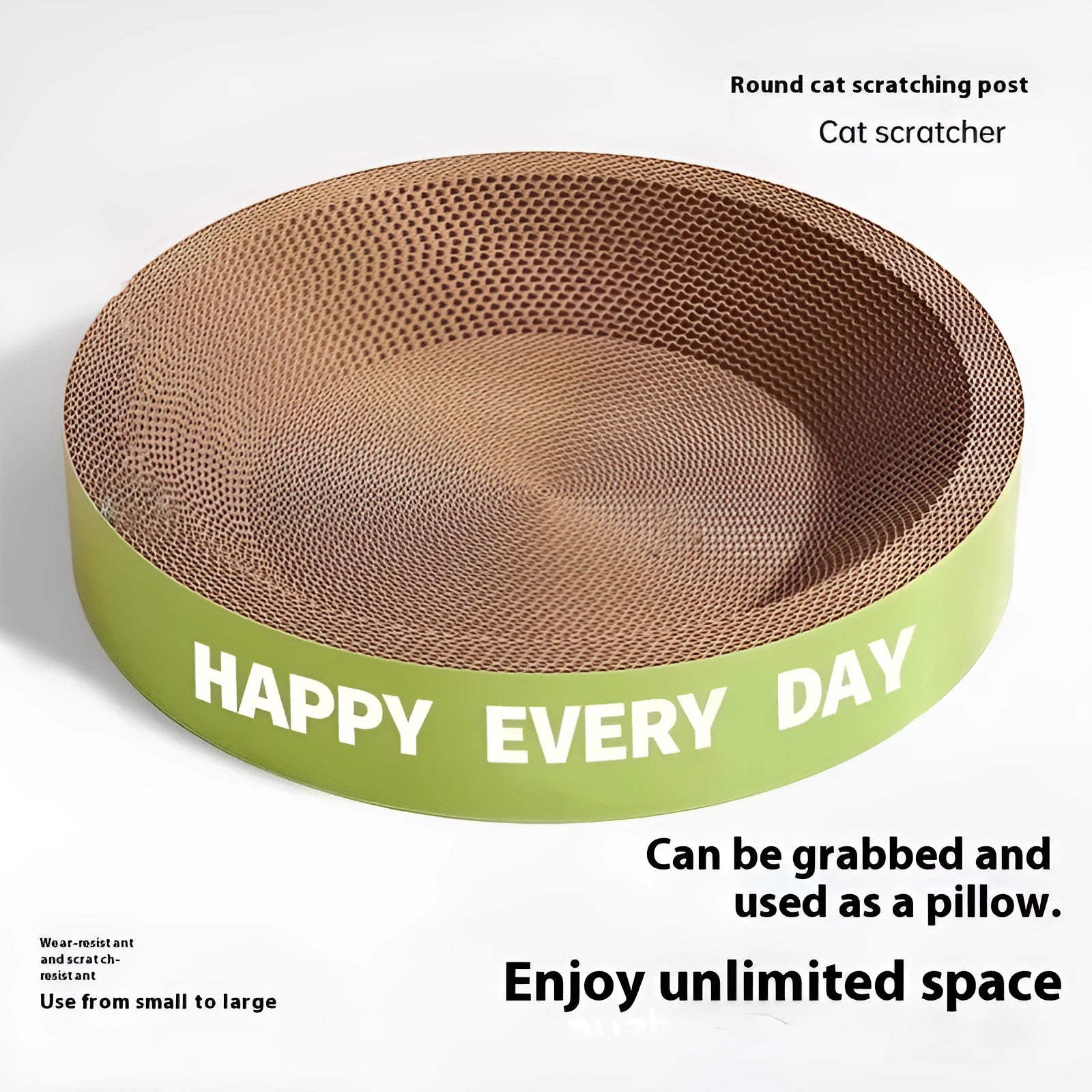Green round cat nest basket with integrated scratching surface, 50cm wide.