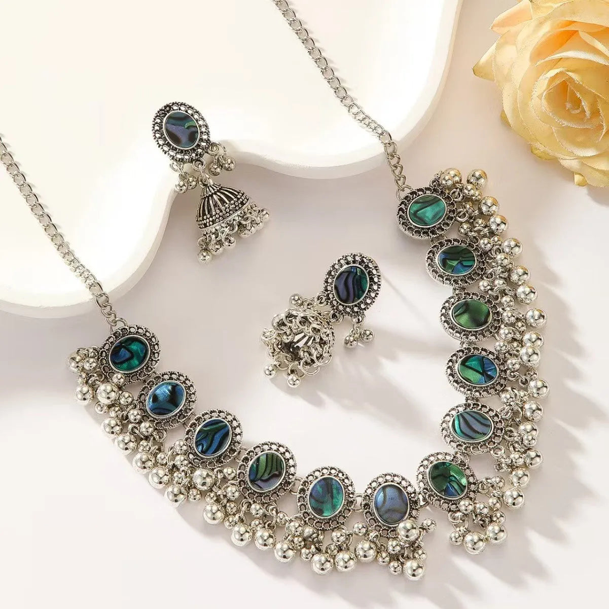 European American retro Indian style abalone shell Bohemian round ethnic alloy necklace and earrings set for women in colour XL-012