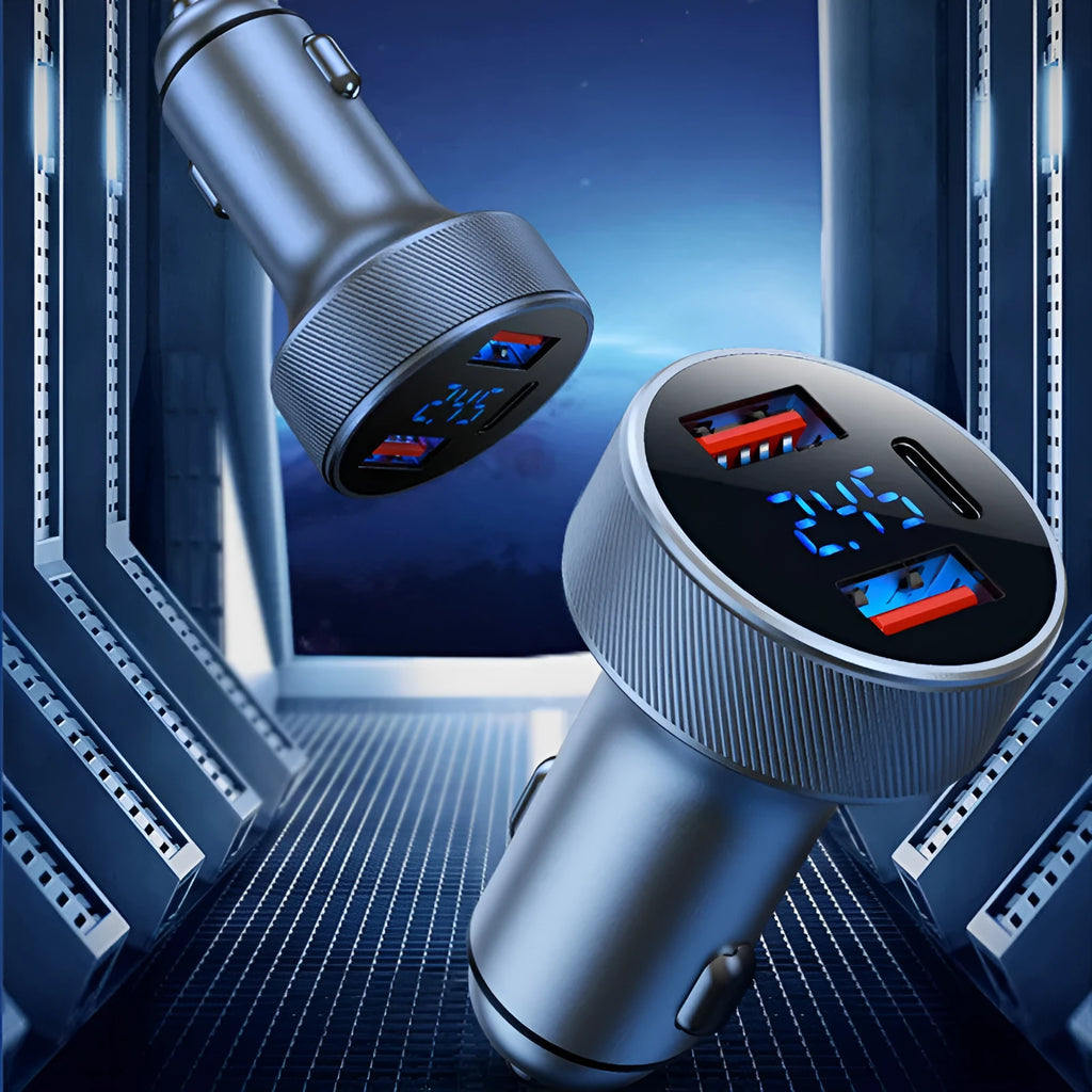 Aluminium alloy 54W car charger with digital display plugged into a vehicle cigarette lighter socket.