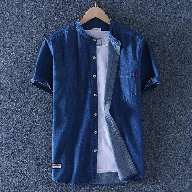 Men's denim casual short-sleeve shirt in light blue, pure cotton, loose fit