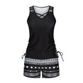 Women's black high waist swim briefs and tied bikini top laid flat.