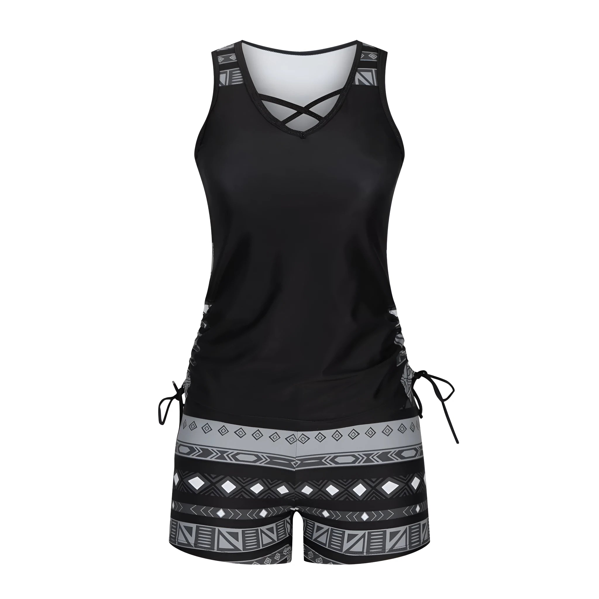 Women's black high waist swim briefs and tied bikini top laid flat.