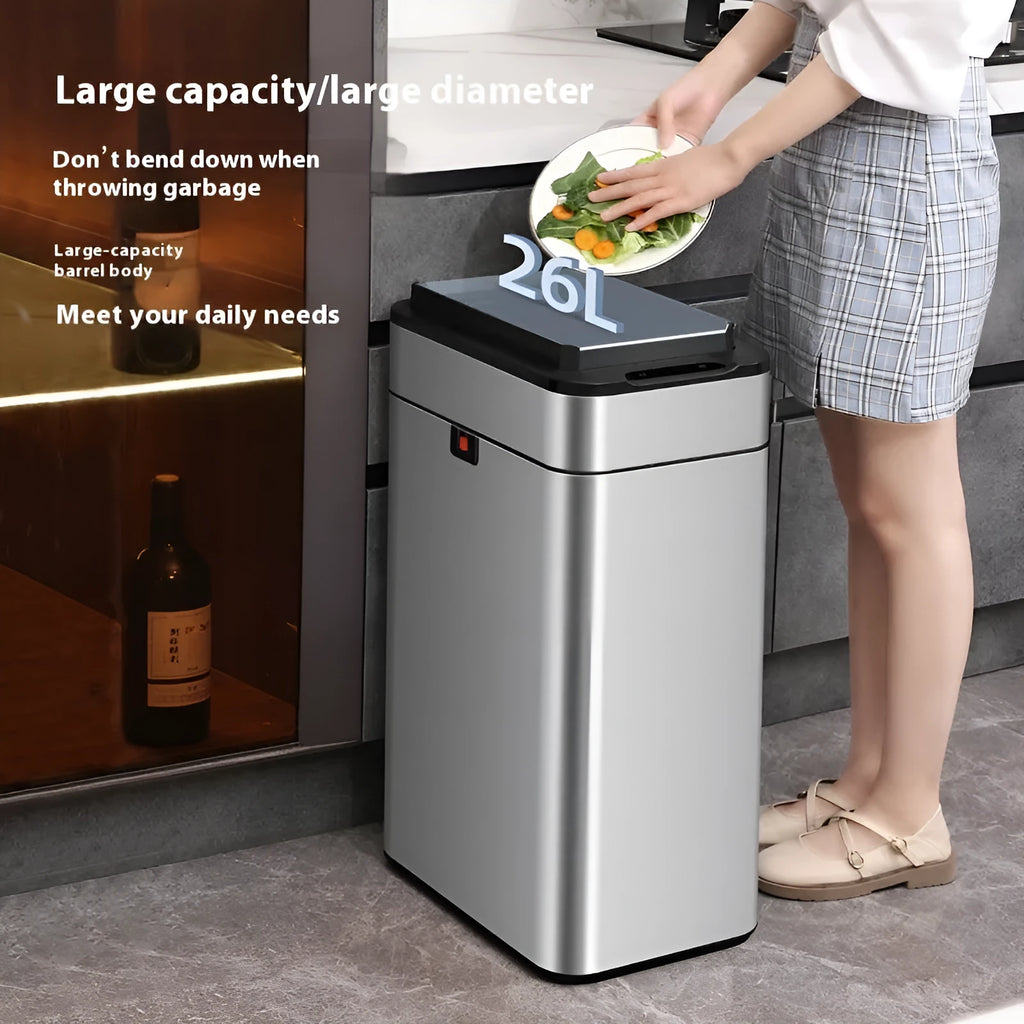 Stainless steel inductive smart trash can with a square shape and deodorant function.