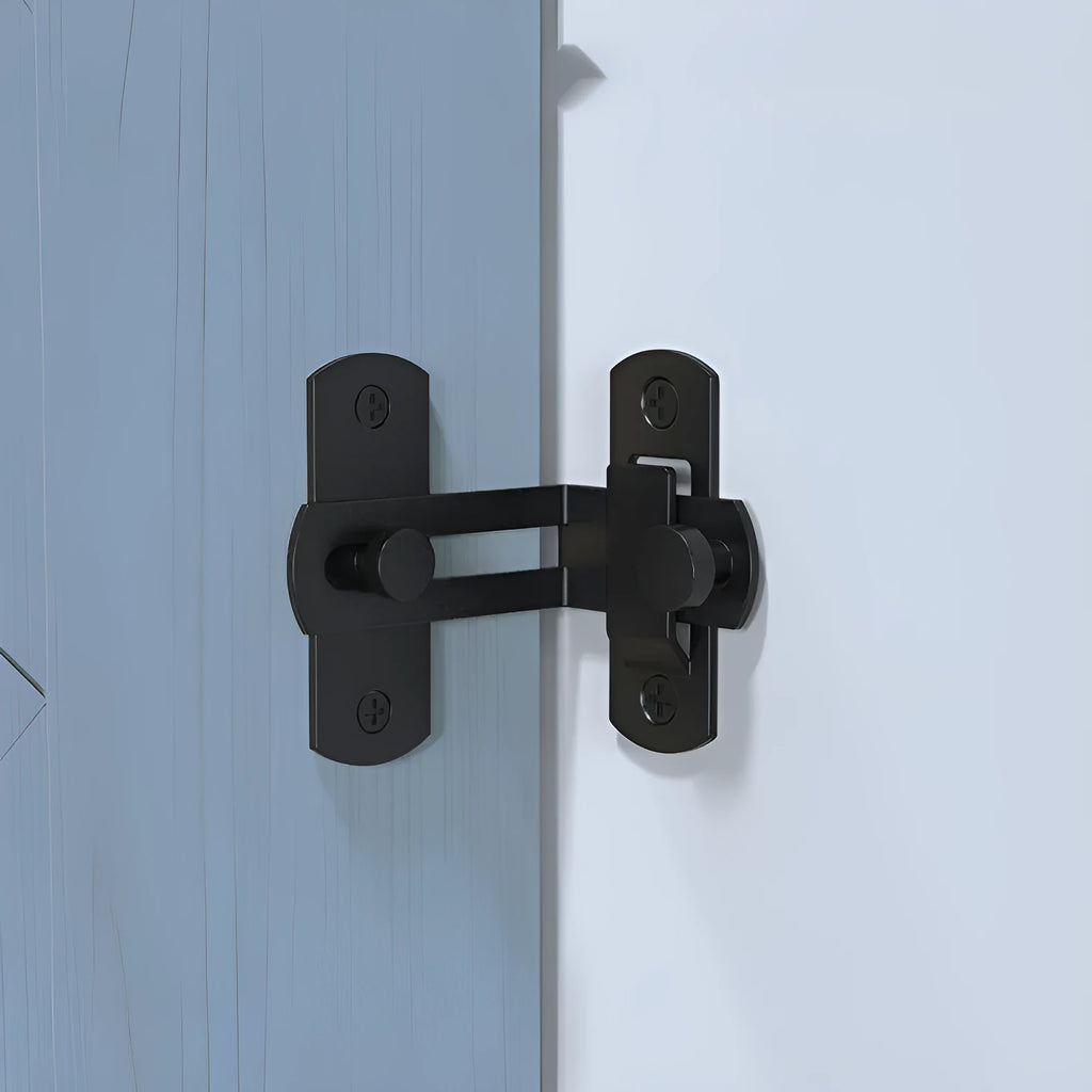 Black carbon steel and stainless steel 90-degree warehouse hook lock for sliding barn doors.