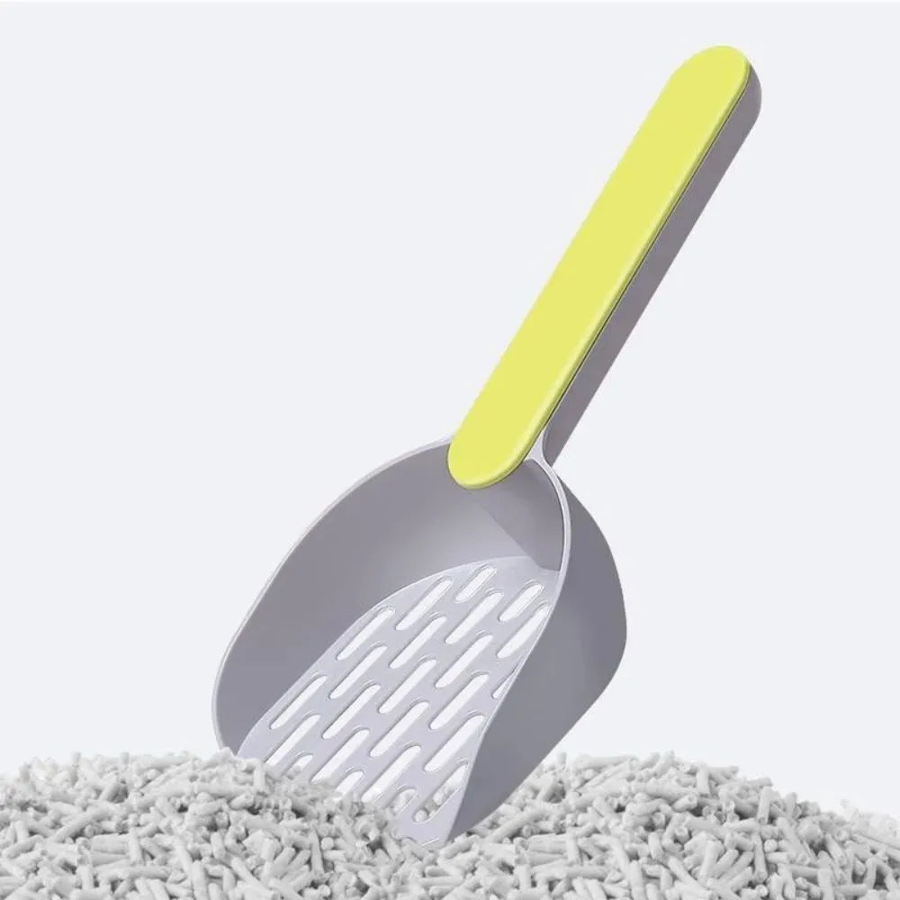 Plastic cat litter shovel with fine mesh sieve in blue, green, or pink colours